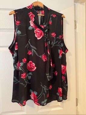 torrid Black Sleeveless Tie-Neck Blouse with Red Rose Print